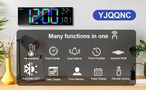 16" Large led Digital Wall Clocks Display with Remote Control Temperature Digital Calendar Auto DST Dual Alarm Clocks for bedrooms Classroom Living Room Wall Decor, 8 RGB Colors in Saudi Arabia