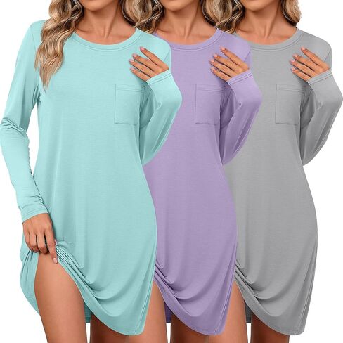 Neer 3 Pack Women's Long Sleeve Night Dress, Soft Comfy Nightgowns with Chest Pocket Sleep Dresses T Shirts Basic Nightshirts in Saudi Arabia