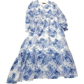 Seta T Women's Long Sleeve Floral Dresses V Neck Boho Ruffle Tiered Flowy Chiffon Midi Dress with Pocket