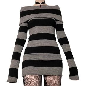 Aopwsrlyi Women's Stripped Long Sleeve Sweater Dress Y2K Off Shoulder Slash Neck Knit Bodycon Mini Dress