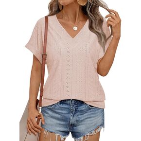 Womens Cap Sleeve Summer Tops V Neck Eyelet Embroidery T Shirts Loose Fit Casual Fashion Clothes