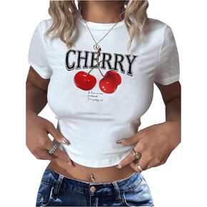 Women's Y2K Cherry Shirt Crew Neck Short Sleeve Slim Fitted Summer Cropped T Shirt