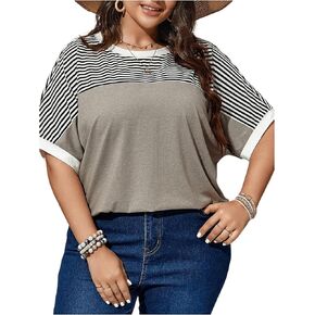 Women's Plus Size Tops Short Sleeve Striped Print T Shirt Loose Fit Round Neck Tee Top