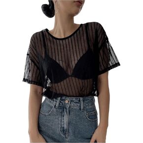 SHENHE Women's Striped See Through Mesh Crew Neck Short Sleeve Sheer Sexy Tee Top