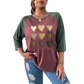 SOLY HUX Women's Plus Size Color Block Heart Print T Shirts 3/4 Sleeve Graphic Tees Tops
