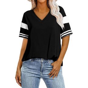 AlvaQ Womens Summer Colorblock Striped T Shirts Short Sleeve V Neck Casual Loose Pullover Tunic Tops