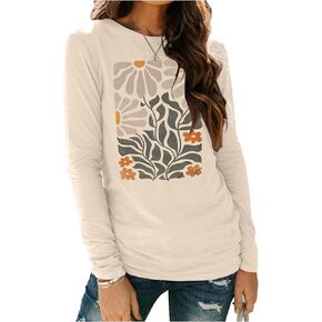 Boho Flower T Shirts for Women Floral Graphic Tees Nashville Music Long Sleeve Shirt Wildflower Causal Loose Tops Outfit