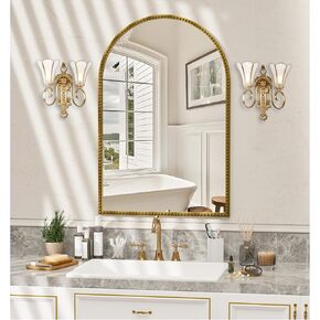Gold Arched Mirror for Bathroom, 24"x36" Metal Beaded Frame Mirror, Vintage Arch Wall Mirror, Decorative Accent Mirror for Entryway, Living Room