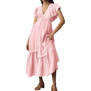 Wenrine Womens Summer V Neck Midi Dress Casual Ruffle Sleeve Contrast Color Loose Fit Flowy Long Dresses