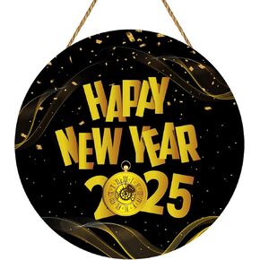 Happy New Year Decorations 2025 Happy New Year Sign Black Gold New Years Wreath Happy New Year Door Sign Wooden Door Hanger for Front Door Porch Wall Indoor Home Decor