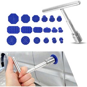 19 Pack Car Dent Puller Kit, T-Shape Design, Waterproof Durable Metal Vehicle Dent Repair Accessories, Universal Portable Automotive Damage Repair Auxiliary Tool (Silver & Blue)
