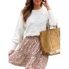 Miessial Women's Fall Crew Neck Pullover Sweater Cute Long Puff Sleeve Chunky Knit Sweater Pompom Jumper Top Off-White 4-6