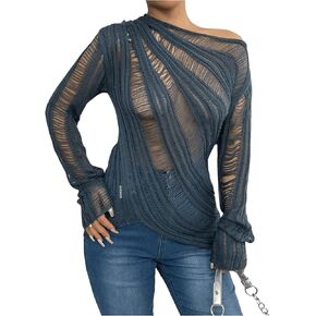 SweatyRocks Women's One Shoulder Sheer Sweater Long Sleeve Hollow Out Asymmetrical Neck Pullover Tops Blue L