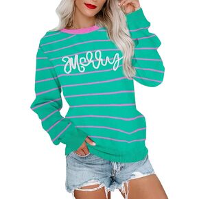 سترات عيد ميلاد سعيد للنساء سترة مخططة ملونة لعيد الميلاد بلوفر محبوك غير رسمي سويت شيرت علوي in Kuwait