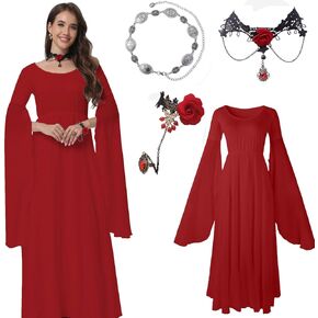 PYAEAS 4 PCS Women Medieval Witch Gothic Long Dress Halloween Vampire Renaissance Costume with Belt Chain Bracelets Necklaces