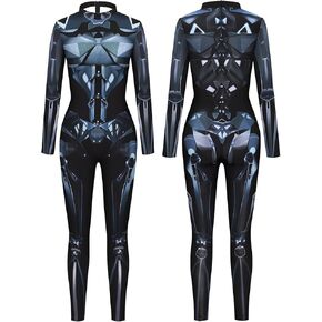FEOYA Women Halloween 3D Print Jumpsuit Cosplay Costume Skeleton Mechanical Full Bodysuit