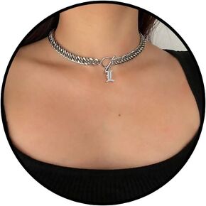 Chunky Old English Initial Choker Necklaces for Women Retro Letter Charm Curb Chain Statement Necklace for Men Unisex 15"