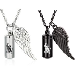 Cylinder Urn Necklace for Ashes Memorial Ashes Necklace with Angel Wing Motorcycle Biker Memorial Urn Pendant Ash Keepsake Cremation Jewelry