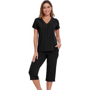 WiWi Viscose from Bamboo Woman Short Sleeve Top with Capris Pants Sets Soft Loose Pajamas Set with Pockets S-XXL