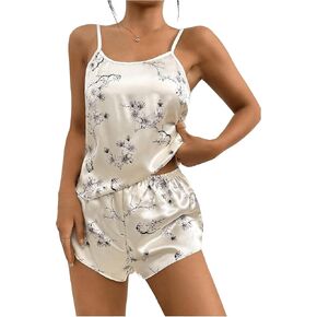 SOLY HUX Women's Floral Print Silk Satin Pajama Set Cami Top and Shorts Sleepwear Loungewear