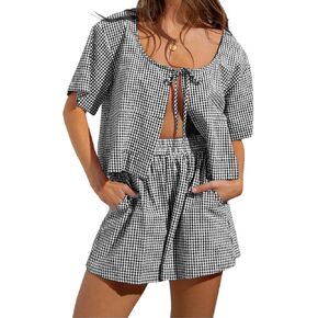 Thopavenoir Women Casual Pajamas Set Plaid Lounge Sets Short Sleeve Tie Front Shirt High Waist Shorts Y2k 2 Piece Outfits Set