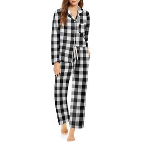 Ekouaer Pajamas Set for Womens 2 Piece Cotton Plaid Pjs Long Sleeve Sleepwear Soft Button Down Loungewear with Pockets