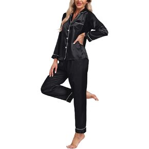 Women's Satin Pajamas Set 2 Piece Pj Set Sleepwear Notch Collar Long Sleeve T-Shirt Button-Down Loungewear with Long Pants