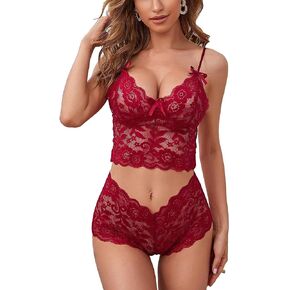 VickyBelle Sexy Sheer Floral Lace Pajamas Lingerie Set High Waist Sleepwear Bra and Panty 2 Piece Nightwear