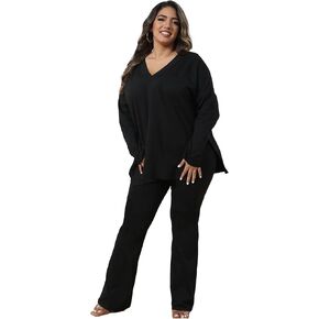 IyMoo Womens Plus Size Pants Suits Tracksuits 2 Piece Set Outfits Long Sleeve V Neck Slit Pullover Flare Leg Loungewear