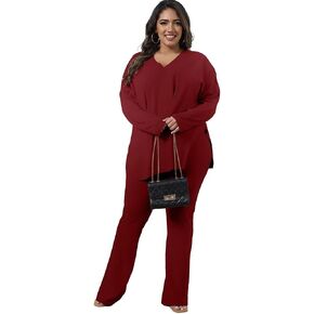 IyMoo Womens Plus Size Pants Suits Tracksuits 2 Piece Set Outfits Long Sleeve V Neck Slit Pullover Flare Leg Loungewear