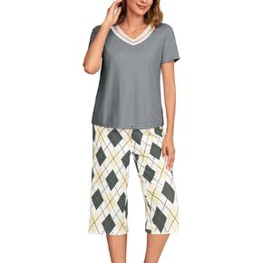 POKWAI Womens Capri Pajama Sets Short Sleeve Top with Capri Pants Soft Pj 2 Piece Women Pajamas