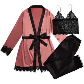Verdusa Women's Satin Pajama Set 3 Piece Floral Lace Cami Top and Pants with Robe