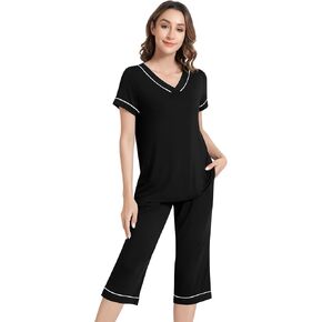 NACHILA Women's Pajamas Set-Viscose Made from Bamboo, Short Sleeve Pjs Top with Capri Pants V Neck Sleepwear Sets
