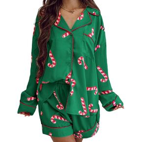 Ecosunny Christmas Candy Pajamas for Women Button Down Sleepwear Soft Loungewear Long Sleeve Top and Shorts Lounge Set