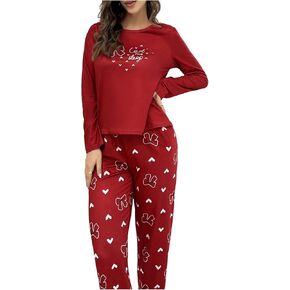 Women's 2 Piece Pjs Set Bow Heart Print Pajama Set Long Sleeve Tee and Pants Sleepwear