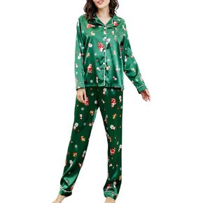 Wyeysyt Womens Christmas Pajamas Set Silk Satin Long Sleeve Sleepwear Soft Pjs Set 2 Piece Button Up Funny Xmas Lounge Sets(Green-L)