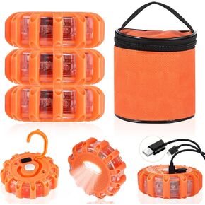 3 Pack USB Rechargeable LED Road Flares Emergency Lights - Roadside Safety Beacon Disc Flashing Warning Flare Kit with Magnetic Base & Hook for Vehicles Boat, 9 Flash Modes