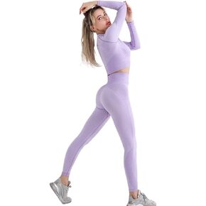 DYD 2 Piece Outfits Workout Sets for Women Seamless Long Sleeve Crop Tops High Waist Yoga Leggings Gym Matching Activewear