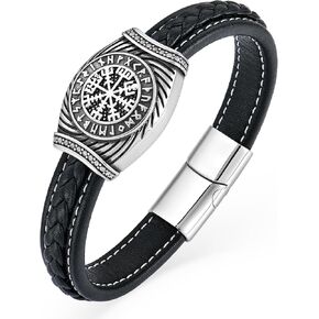 YL Viking Compass Mens Cuff Bracelet, Handcrafted Black Braided Leather Stainless Steel Bangle Punk Wristband Jewelry for Men Women