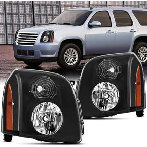 2PCS Headlights Assembly DOT Approved Compatible with 2007-2014 GMC Yukon XL 1500 2500 Hybrid Headlamp(Left+Right) OE Style Chrome Housing Amber Corner Reflector