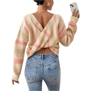 MakeMeChic Women's Striped Print Long Sleeve Sweaters Backless Twist Pullover Tops