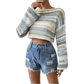 SOLY HUX Sweaters for Women Hollow Out Striped Boat Neck Long Sleeve Crochet Crop Tops