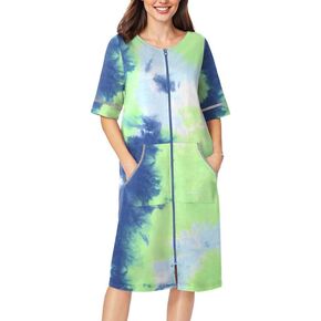 Ekouaer Women Zipper Robe Short Sleeve Duster Housecoat Short Bathrobes Zip Front Nightgown with Pockets S-3XL
