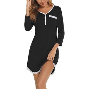 Women's Sleep Dresse 3/4 Long Sleeve Lace Trim Pocket Loose Fit Sleepwear