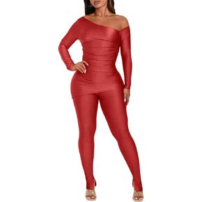 PRIVIMIX Women 2 Piece Sexy One Off Shoulder Top Long Sleeve Bodycon Flared Pants Club Outfits Tracksuit