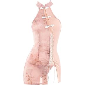 YOMORIO Retro Cheongsam Sexy Mesh Lace Floral Qipao Long Dress Anime Lingerie Costumes