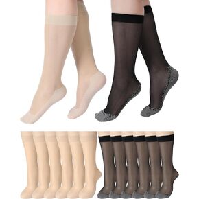 12 زوجًا من الجوارب النسائية الشفافة بنعل قطني من النايلون السائب على الساق، جوارب حريرية معززة مضادة للانزلاق للنساء، أسود وعاري in Kuwait