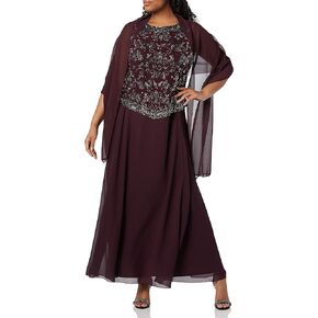 J Kara Women's Plus Size Long Beaded V Trim Detail Gown with Scarf