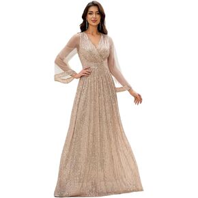Women's Elegant V Neck Sequin Maxi Dress A-line Formal Evening Party Gowns