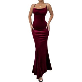 SHENHE Women's Velvet Maxi Dress Criss Cross Open Back Bodycon Long Dress Sexy Spaghetti Strap Slip Dress Party